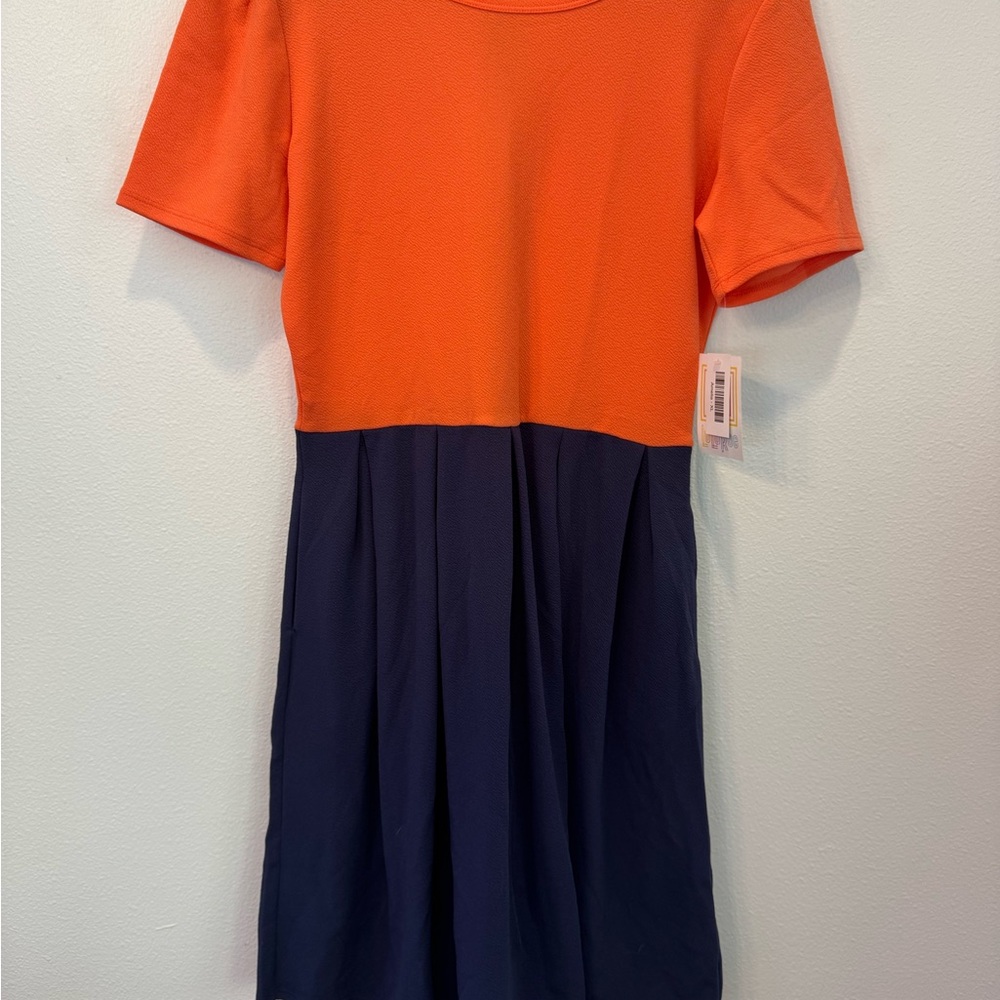 Brand New LuLaRoe Size XL Coral-Orange and Navy Blue and White Amelia Dress